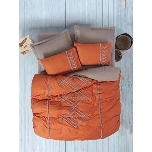 Cotton Box Puff Nakışlı Çift Kişilik Nevresim Takımı Liya Kiremit-bej