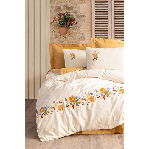 Cotton Box Nakışlı Ranforce Çift Kişilik Nevresim Takımı Pamuya Hardal