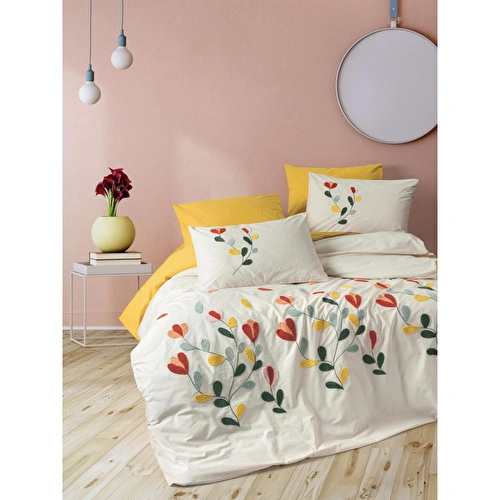 Cotton Box Puff Nakışlı Çift Kişilik Nevresim Takımı Nella Hardal