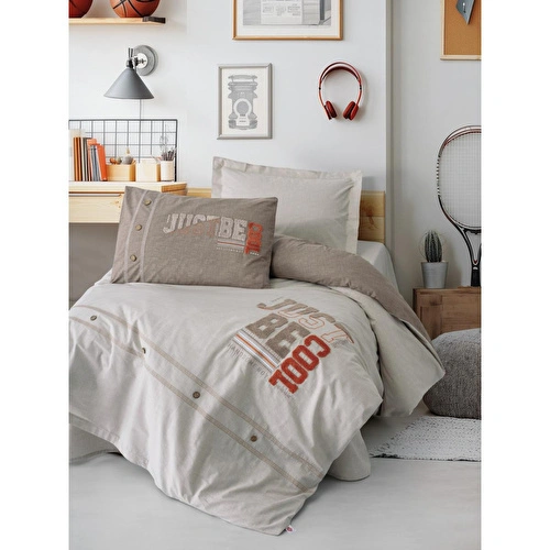 Cotton Box Mood Nakışlı Ranforce Tek Kişilik Nevresim Takımı Cool Kahve