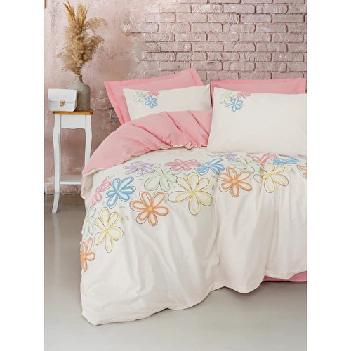 Cotton Box Puff Nakışlı Çift Kişilik Nevresim Takımı Bellis Pembe