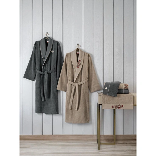 Cotton Box Folk Art Aile Bornoz Seti Yamka Bej-antrasit