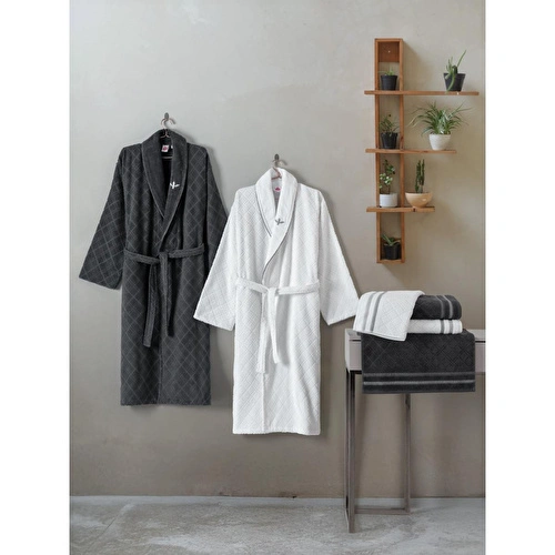 Cotton Box Masculine Aile Bornoz Seti Carlos Beyaz-antrasit