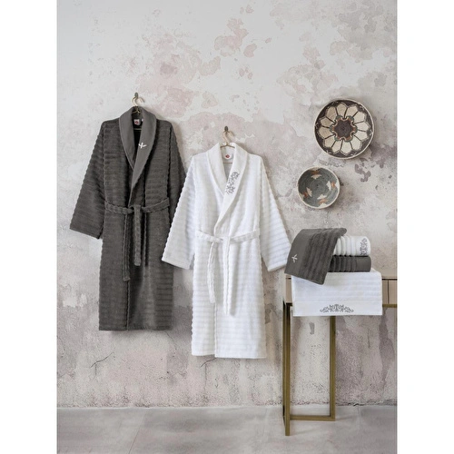 Cotton Box Seta Aile Bornoz Seti Genny Beyaz-antrasit