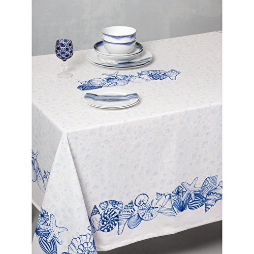 Cotton Box Pano Baskılı Masa Örtüsü Cowry Mavi 170x170