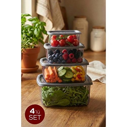 Vienev 4'lü Kare Hava Geçirmez Saklama Kabı Antrasit (1,4 Lt - 850 Ml - 500 Ml - 270 Ml)