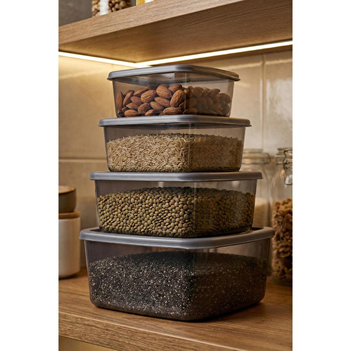 Vienev 4'lü Kare Hava Geçirmez Saklama Kabı Antrasit (1,4 Lt - 850 Ml - 500 Ml - 270 Ml)