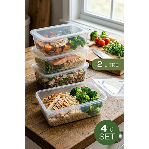 Vienev 4'lü 2 Lt Sabit Kapaklı Şeffaf Saklama Kabı Seti - Dikdörtgen Bakliyat Erzak Düzenleyici Kutu