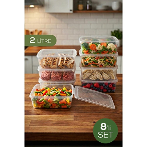 Vienev 8'li 2 Lt Sabit Kapaklı Şeffaf Saklama Kabı Seti - Dikdörtgen Bakliyat Erzak Düzenleyici Kutu