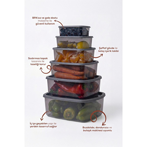 Vienev 6'lı Hava Geçirmez Saklama Kabı Antrasit (3-2-1,2-0,75-0,50-0,25 Lt)