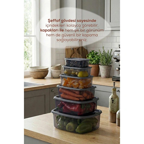 Vienev 6'lı Hava Geçirmez Saklama Kabı Antrasit (3-2-1,2-0,75-0,50-0,25 Lt)