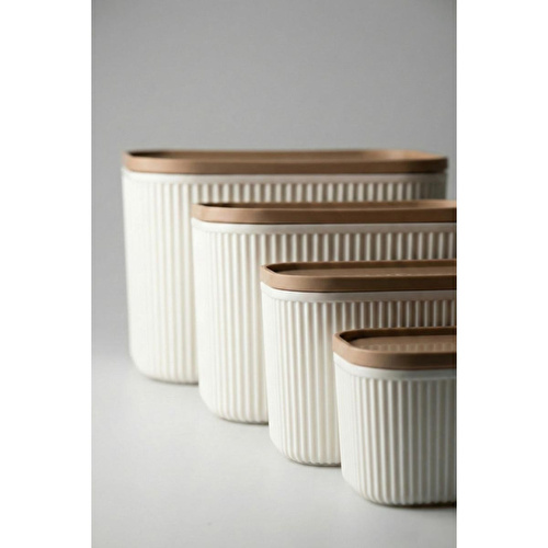 Vienev 8'li Çizgili Kare Saklama Kabı Seti Bej - Mikrodalga Ve Derin Dondurucu Uyumlu