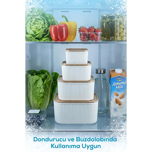 Vienev 12'li Çizgili Kare Saklama Kabı Seti Bej - Mikrodalga Ve Derin Dondurucu Uyumlu