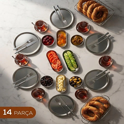 Vienev 14 Parça 6 Kişilik Metal Kahvaltılık Ve Sunum Seti Yuvarlak Ve Kayık Tabak Takımı