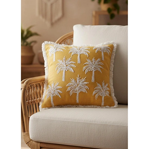 The Mia Tropikal Palmiye Desenli Kırlent Hardal 45 X 45 Cm