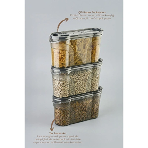 Vienev 3'lü Çift Kapaklı Erzak Saklama Kabı Seti 1400 Ml Antrasit