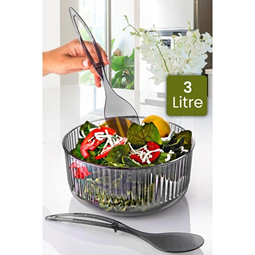 Vienev Akrilik Yuvarlak Kaşıklı Salata Kasesi 23 Cm Servis Sunum Tabağı Antrasit