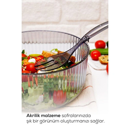 Vienev Akrilik Yuvarlak Kaşıklı Salata Kasesi 23 Cm Servis Sunum Tabağı Antrasit
