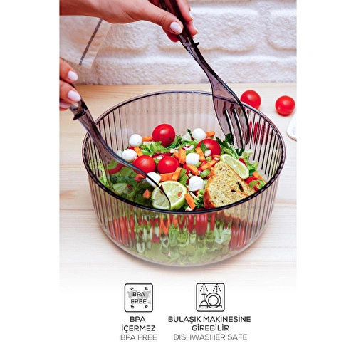 Vienev Akrilik Yuvarlak Kaşıklı Salata Kasesi 23 Cm Servis Sunum Tabağı Antrasit