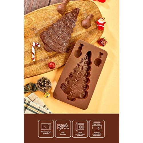 Vienev Yılbaşı Temalı Silikon Çam Ağacı Dubai Çikolatası Kalıbı Kahverengi