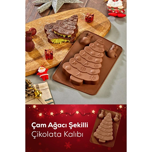 Vienev Yılbaşı Temalı Silikon Çam Ağacı Dubai Çikolatası Kalıbı Kahverengi