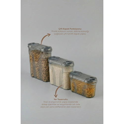 Vienev 3'lü Çift Kapaklı Erzak Saklama Kabı Seti 1x(1400-2150-2900 Ml) Antrasit Vienev 3'lü Çift Kapaklı Erzak Saklama Kabı Seti 1x(1400-2150-2900 Ml) Antrasit