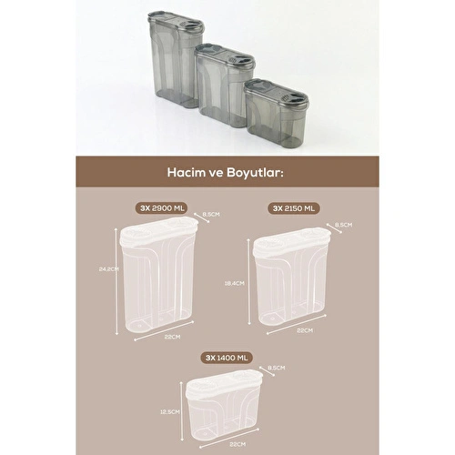 Vienev 3'lü Çift Kapaklı Erzak Saklama Kabı Seti 1x(1400-2150-2900 Ml) Antrasit Vienev 3'lü Çift Kapaklı Erzak Saklama Kabı Seti 1x(1400-2150-2900 Ml) Antrasit