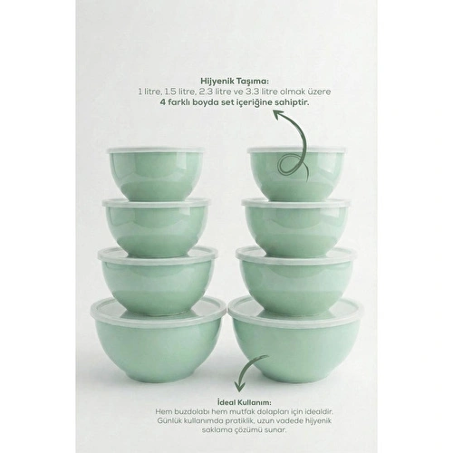 Vienev 8'li Yuvarlak Kase Seti Mint Yeşili | 1l, 1.5l, 2.3l, 3.3l | Kapaklı Çok Amaçlı Mutfak Saklama Kabı