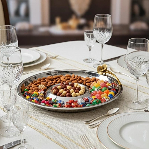 Cornella Rose Kendinden Bölmeli Sunum Tabağı Silver - Gold Çap :33 Cm