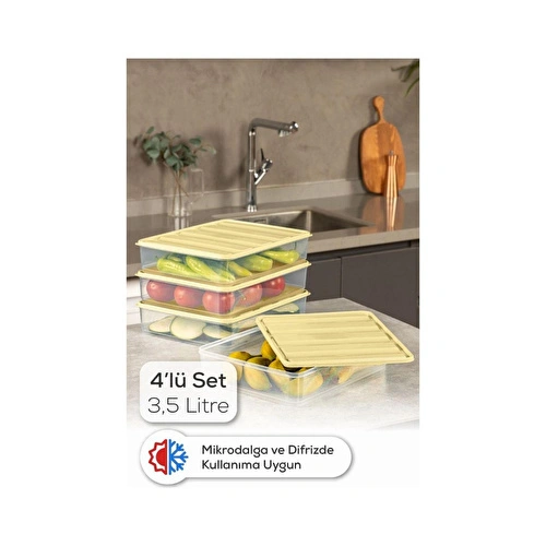 Vienev 4'lü 3,5 Litre Buzdolabı Dondurucu Organizer Mikrodalga Ve Difrize Uygun Saklama Kabı Sarı