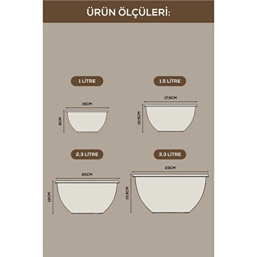 Vienev 4'lü Yuvarlak Kase Seti Bej | 1l, 1.5l, 2.3l, 3.3l | Kapaklı Çok Amaçlı Mutfak Saklama Kabı Vienev 4'lü Yuvarlak Kase Seti Bej | 1l, 1.5l, 2.3l, 3.3l | Kapaklı Çok Amaçlı Mutfak Saklama Kabı