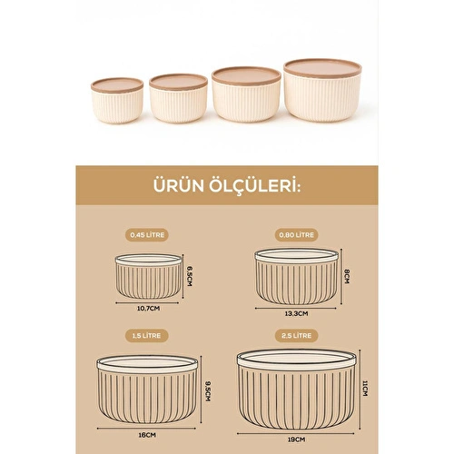 Vienev 12'li Çizgili Yuvarlak Saklama Kabı Seti Bej