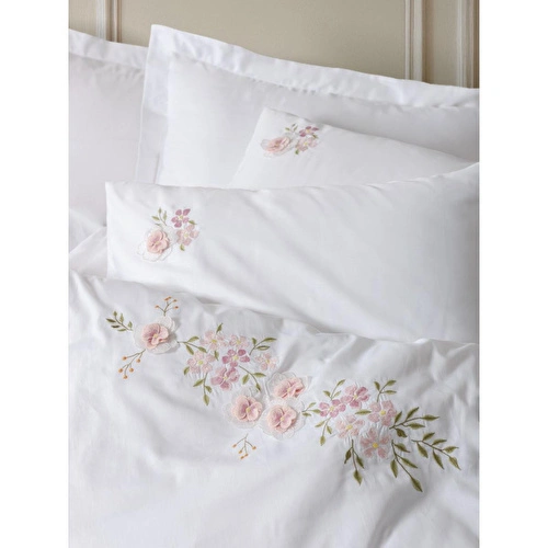 Cotton Box 3d Nakışlı Saten Çift Kişilik Nevresim Takımı Floret Beyaz