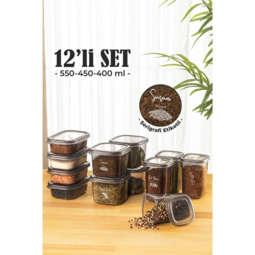 Vienev 12li Süper Set Baharat Saklama Kabı Seti Avantajlı Paket 4x(0,40, 0,45, 0,55) Etiketli
