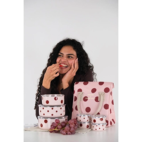 Emaylabxpeppythings Cherry 3’lü Set – Emaye Saklama Kabı, Emaye Kahvaltılık & Termal Taşıma Çantası 10 Litre