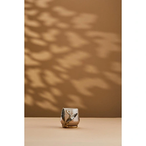 Cornella Ivy Antik Gold Detaylı Krem Ombreli Cam Şamdan Ağız:7 Cm X Boy:9 Cm