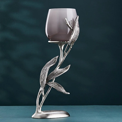 Cornella Ivy Antik Nikel Ayaklı Füme Ombreli Cam Şamdan Ağız:11 Cm X Boy:43 Cm