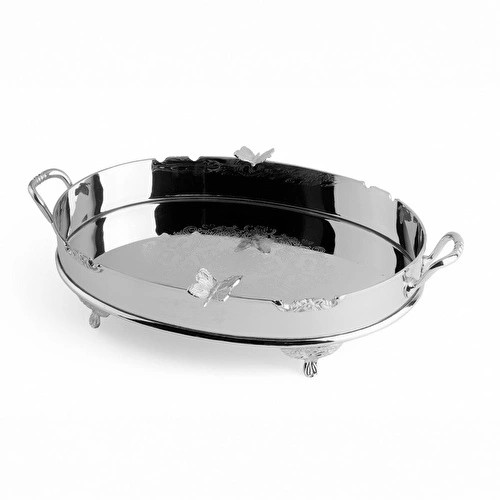 Lucky Art Kelebek Detaylı Ayaklı Paslanmaz Çelik Elips Tepsi 44 Cm