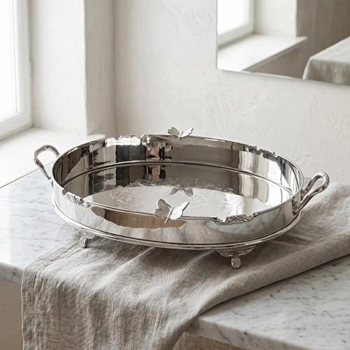 Lucky Art Kelebek Detaylı Ayaklı Paslanmaz Çelik Elips Tepsi 44 Cm