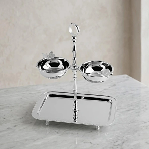 Lucky Art Kelebek Detaylı Katlı Çelik Tepsi Ve Çerezlik Seti