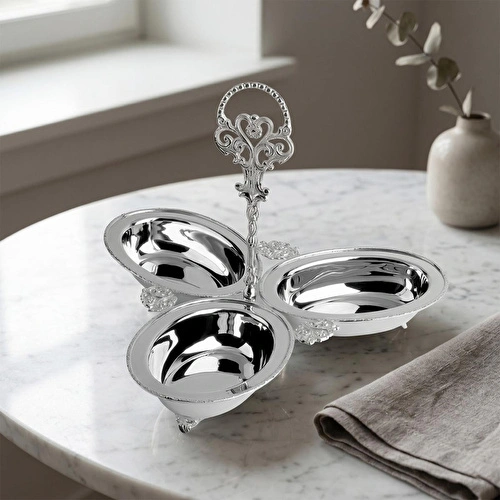 Lucky Art Dekoratif Pirinç İşlemeli Paslanmaz Çelik Lüks 3lü Çerezlik