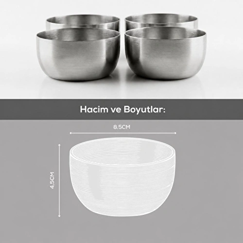 Vienev 4'lü Gümüş Renk Metal Çerezlik, Sosluk - 200 Ml Sunum Kasesi