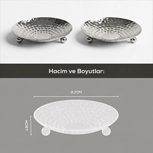 Vienev 2'li Gümüş Renk Metal Mini Lokumluk - Dövme Desenli Sunum Tabağı
