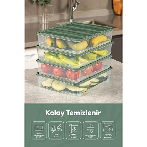 Vienev 6'lı 3,5 Litre Buzdolabı Dondurucu Organizer Mikrodalga Ve Difrize Uygun Saklama Kabı Yeşil