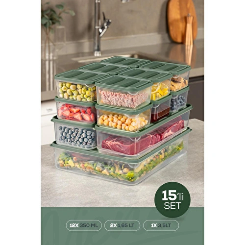 Vienev 15'li Buzdolabı Dondurucu Organizer Ve Saklama Kabı Yeşil 12x(350ml) 2x(1,65lt) 1x(3,5lt)