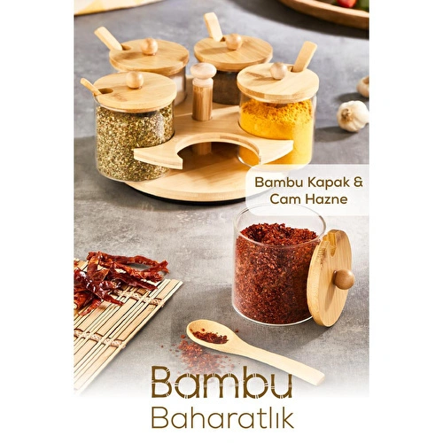 Vienev 5'li Bambu Standlı Ve Kaşıklı Cam Baharatlık