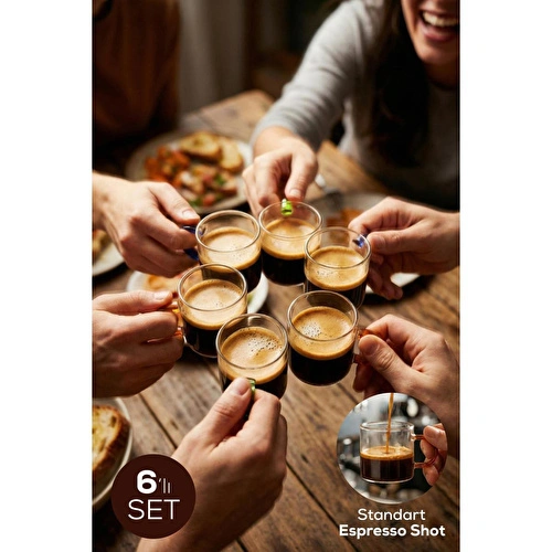Vienev Renkli Kulplu 6'lı Cam Espresso Bardağı Seti - 95 Ml 2x(turuncu, Yeşil, Mavi)