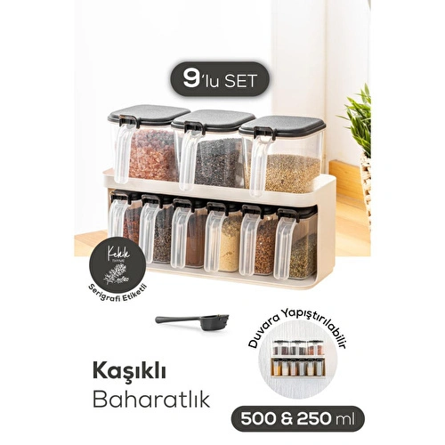 Vienev 9'lu Beyaz Standlı Kaşıklı Etiketli Kendinden Yapışkanlı Baharatlık Seti Beyaz