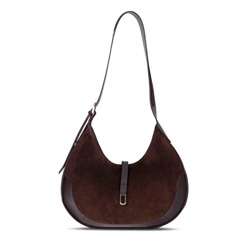 Bloominbag Crescente Walnut Suede Hakiki Deri Kadın Yarım Ay Formlu, El Yapımı Omuz Çantası