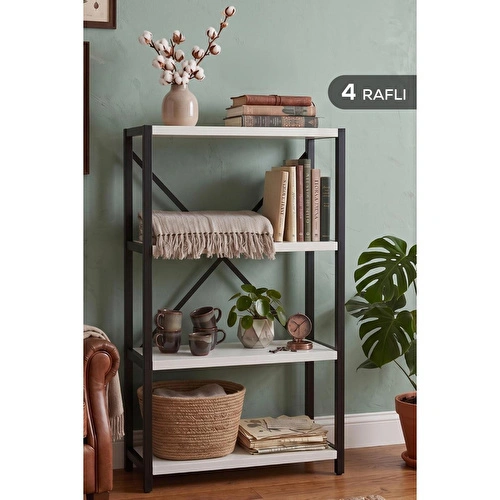 Vienev 4 Raflı Metal Dolap - Metal Ve Ahşap Kitaplık, Mutfak Rafı 120x60 Siyah-beyaz